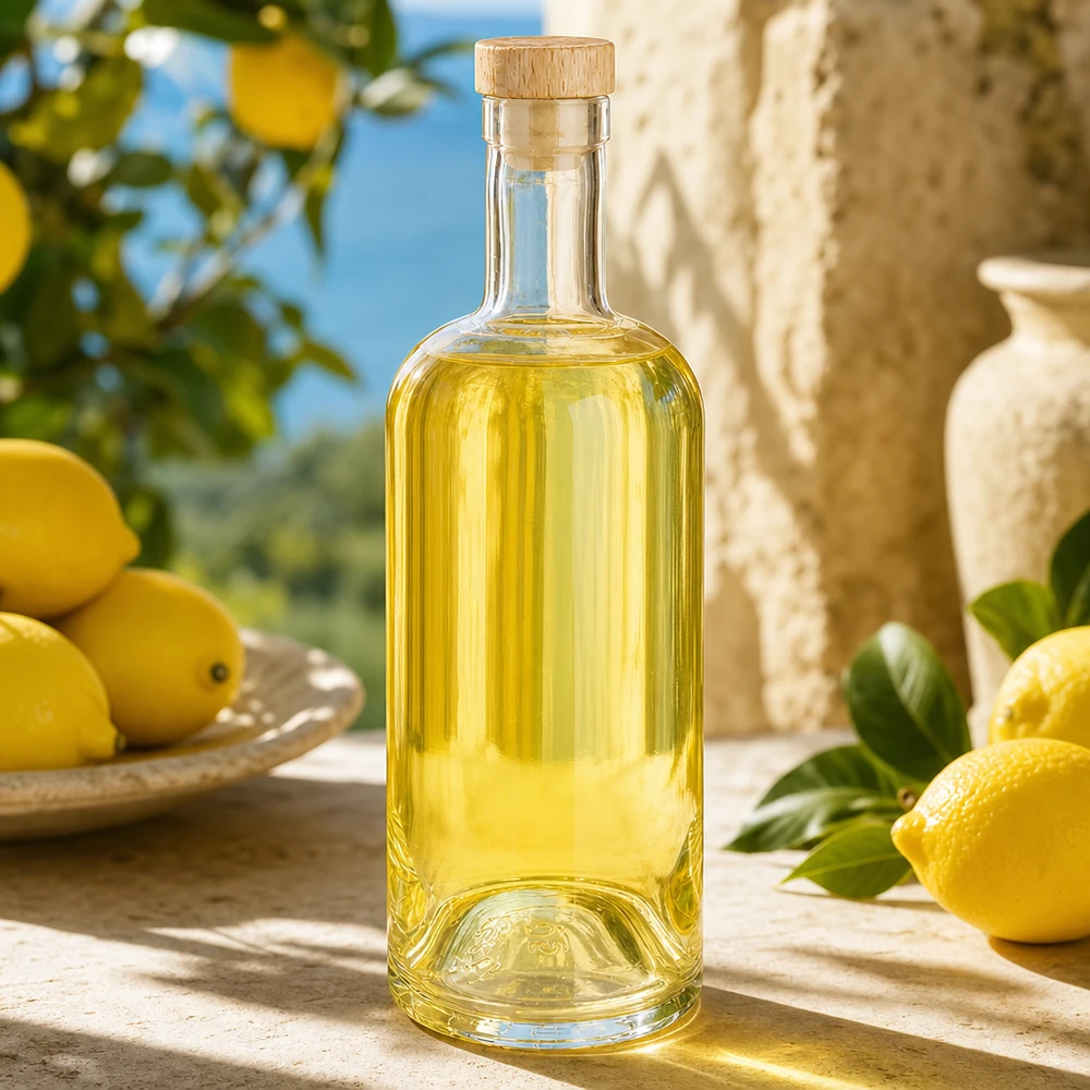 Butelka szklana 750 ml Emma z drewnianym korkiem UNiTWIST® 750 ml szklana butelka Emma z drewnianym korkiem wypełniona żółtawym płynem w śródziemnomorskiej cytrynowej oprawie