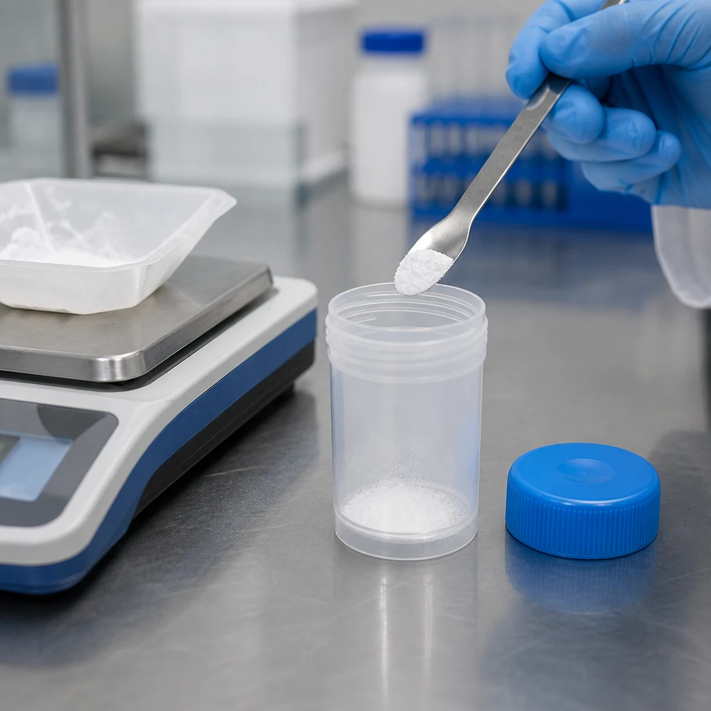 Uniwersalny plastikowy pojemnik (naczynie) 20 ml Biały proszek jest nakładany szpatułką do przezroczystego plastikowego pojemnika o pojemności 20 ml z niebieską pokrywką