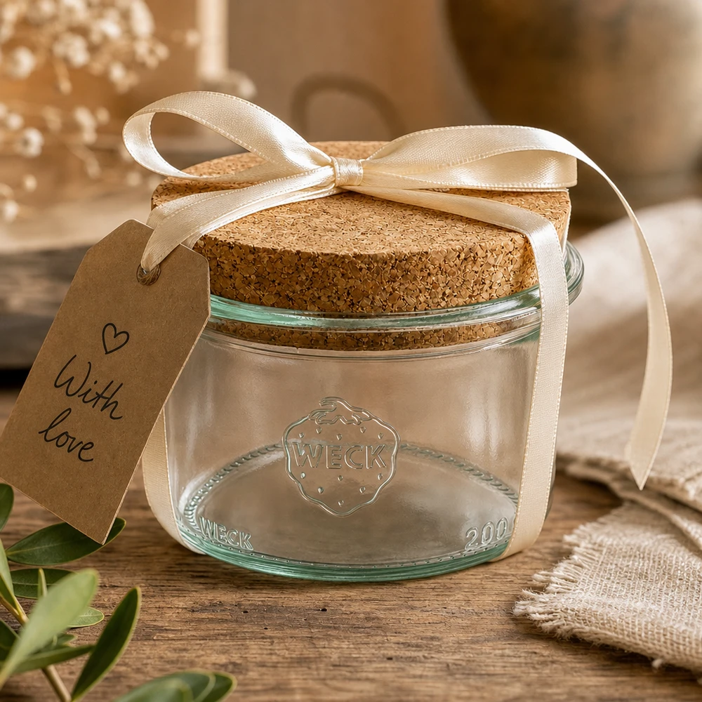Kubki WECK 200ml RR80 ozdobnie zapakowane ze wstążką i zawieszką With Love jako pomysł na prezent