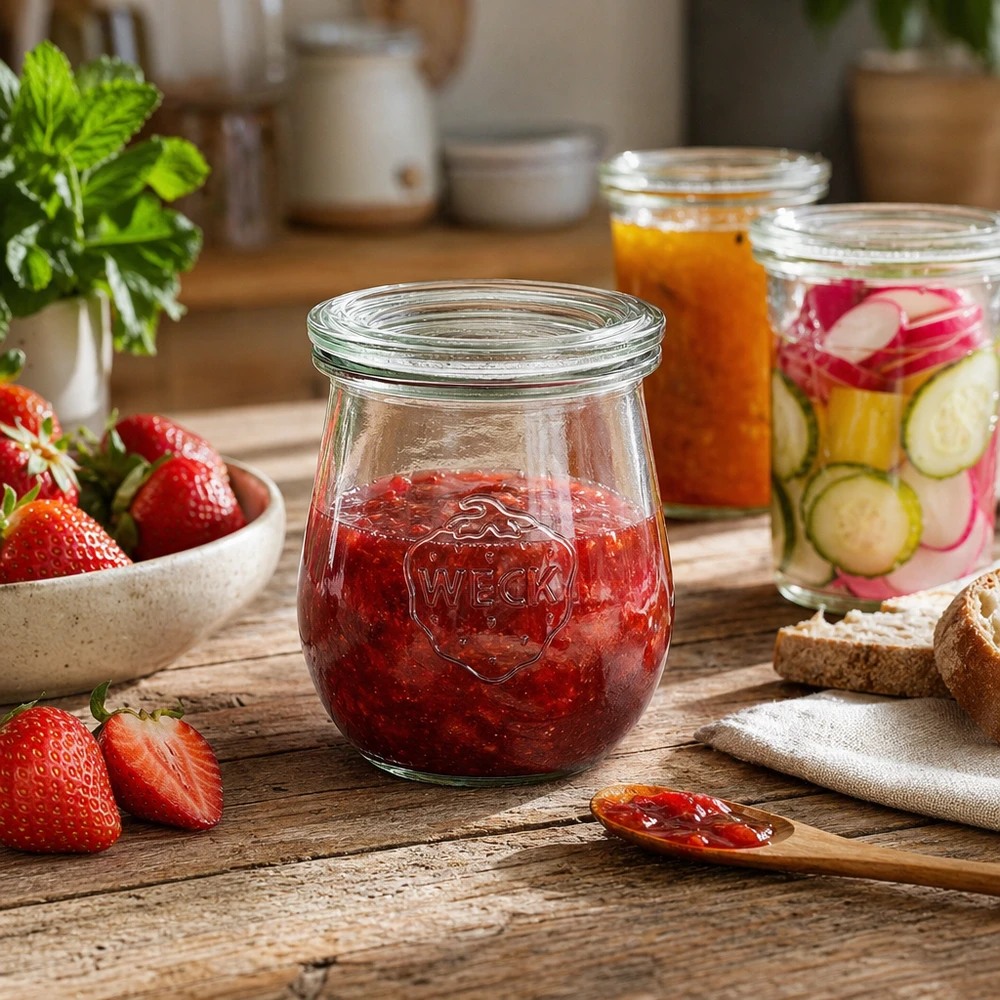 WECK słoik tulipan 220ml RR60 z dżemem truskawkowym w rustykalnej kuchni z innymi słoikami na przetwory i świeżymi składnikami