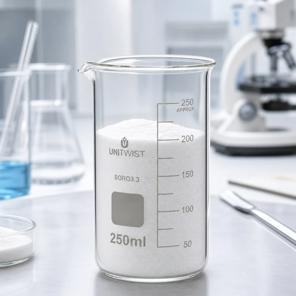 Szklanka UNITWIST o pojemności 250 ml i wysokim kształcie, wypełniona białym proszkiem, stojąca na blacie laboratoryjnym