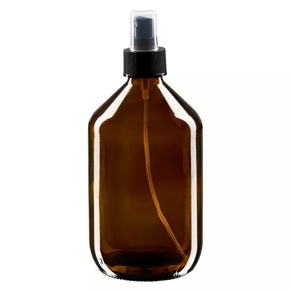 Butelka na lek 500 ml, brązowa, z pompką rozpylającą, czarna ApoGlas. Farmaceutyczna jakość produkcji UE. Gwint 28 mm (PP28). (syrop, butelka z lekkiego szkła) Butelka na lek 500 ml, brązowa, z pompką rozpylającą, czarna ApoGlas. Farmaceutyczna jakość produkcji UE. Gwint 28 mm (PP28). (syrop, butelka z lekkiego szkła)
