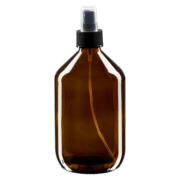 Butelka na lek 500 ml, brązowa, z pompką rozpylającą, czarna ApoGlas. Farmaceutyczna jakość produkcji UE. Gwint 28 mm (PP28). (syrop, butelka z lekkiego szkła) Butelka na lek 500 ml, brązowa, z pompką rozpylającą, czarna ApoGlas. Farmaceutyczna jakość produkcji UE. Gwint 28 mm (PP28). (syrop, butelka z lekkiego szkła)
