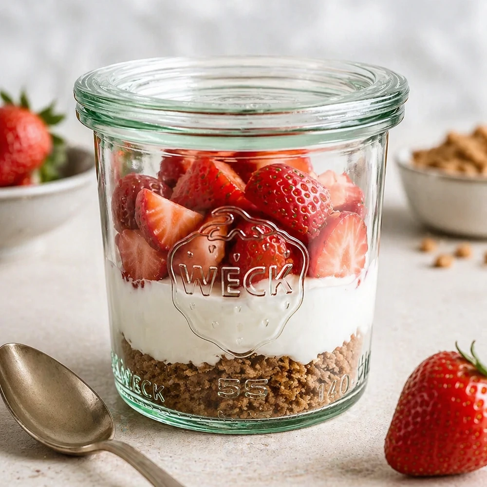 Słoik WECK 140 ml z pokrywką szklaną RR60 | Najwyższa jakość WECK Sturzglas 140ml RR60 mit Joghurt Müsli Erdbeeren gefüllt als Dessertglas auf weißer Marmorplatte Frühstück