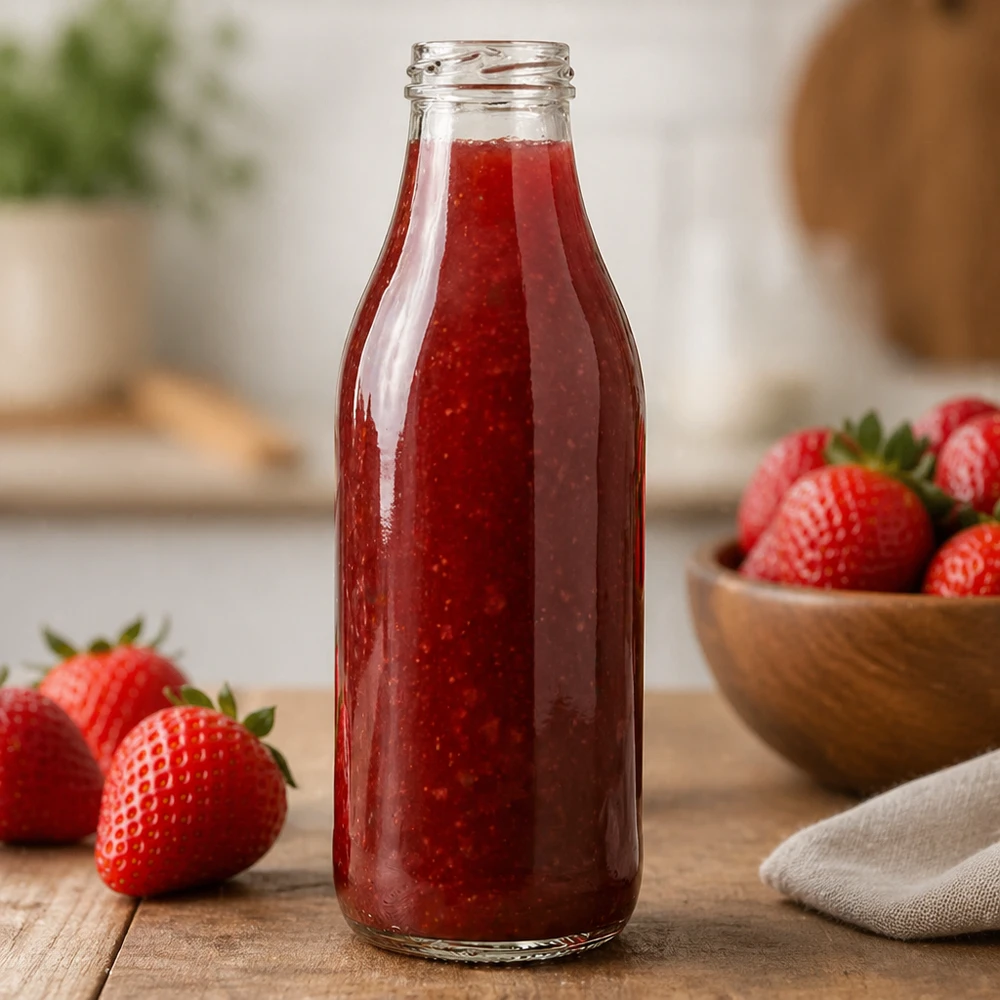1000ml szklana butelka TO48 UNiTWIST wypełniona sokiem truskawkowym w kuchni Przykład zastosowania czerwona butelka na smoothie