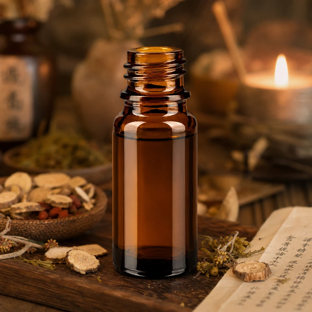 10 ml brązowa butelka apteczna ApoGlas z azjatyckimi ziołami leczniczymi i światłem świec w tradycyjnej atmosferze TCM