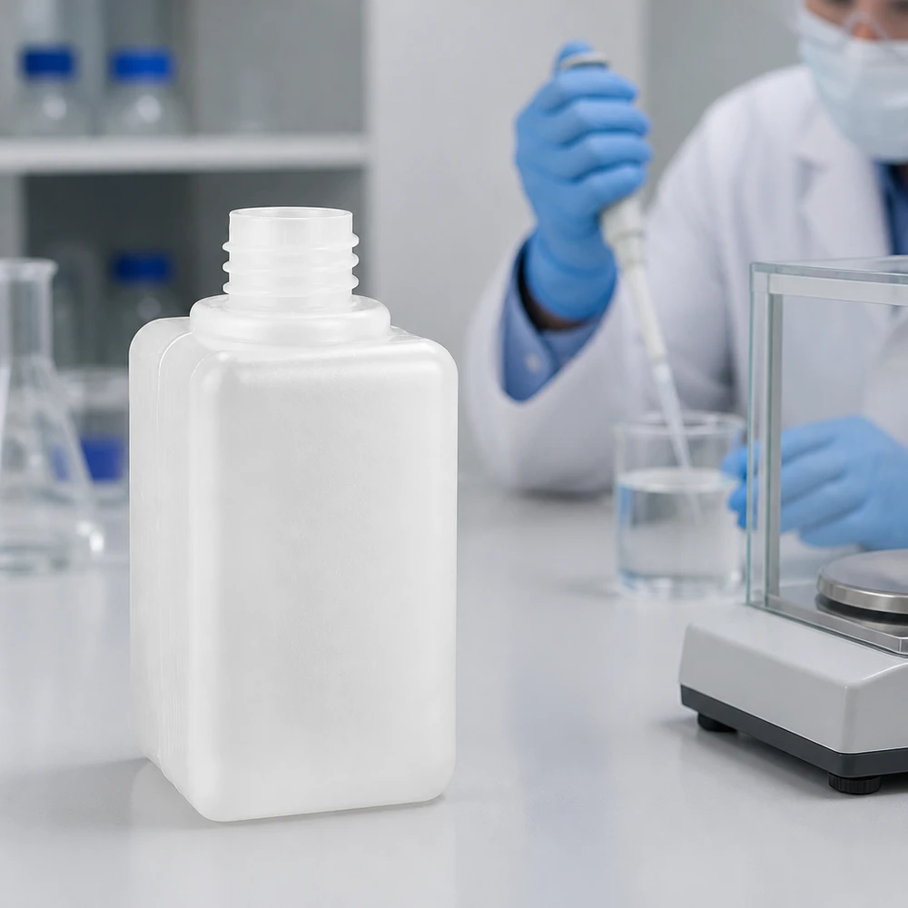 Prostokątna butelka na chemikalia z PE-HD o pojemności 50 ml i szerokości szyjki 18, umieszczona obok wagi analitycznej w profesjonalnym laboratorium