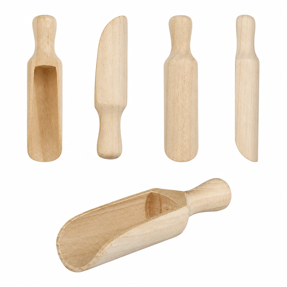 Drewniana łopata w rozmiarze M o półokrągłym kształcie i długości 14 cm Zestaw drewnianych łopat w różnych rozmiarach i kształtach wykonanych z naturalnego drewna z półokrągłą łopatą 14 cm w zestawie