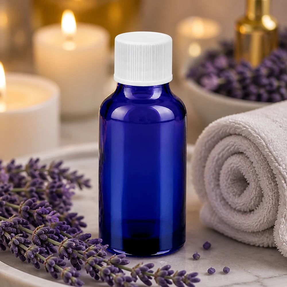 Butelka do aromaterapii 20 ml w kolorze kobaltowo-niebieskim z białą nakrętką SV 11 mm na olejek lawendowy