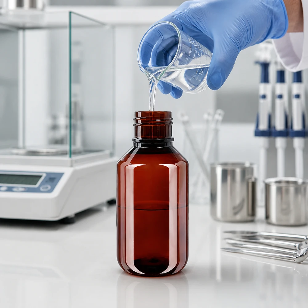 Butelka PET 100 ml z brązową nakrętką OV Kompakte braune PET Flasche 100ml mit OV Verschluss neben Präzisionswaage und Edelstahlbehältern im Labor