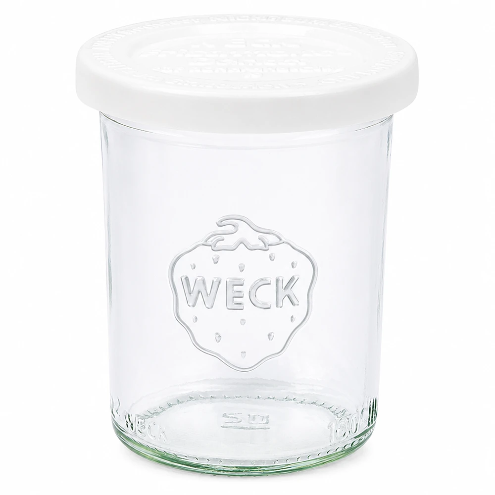Szklanka o pojemności 160 ml z pokrywką zachowującą świeżość WECK RR60 Słoik WECK 160ml z białą pokrywką RR60 - Przezroczysty szklany słoik z logo WECK
