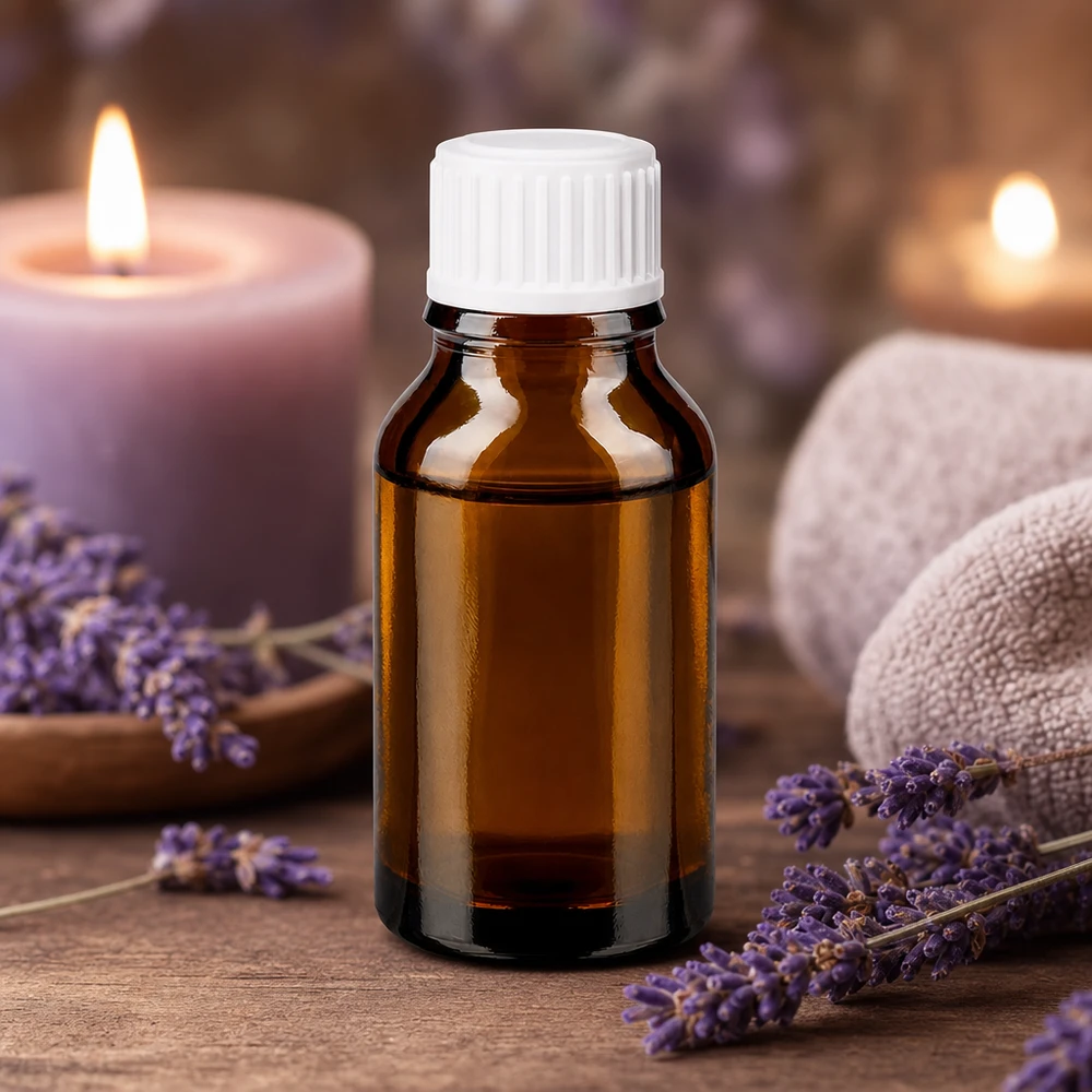 Butelka apteczna 30 ml z brązowego szkła z białą zakrętką z kroplomierzem do olejku lawendowego i aromaterapii