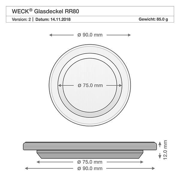 Słoik delikatesowy o pojemności 370 ml z szklaną pokrywką WECK RR80 Rysunek techniczny szklanej pokrywki WECK RR80 o wymiarach 90 mm średnicy zewnętrznej 75 mm średnicy wewnętrznej dla słoika cylindrycznego 1040 ml