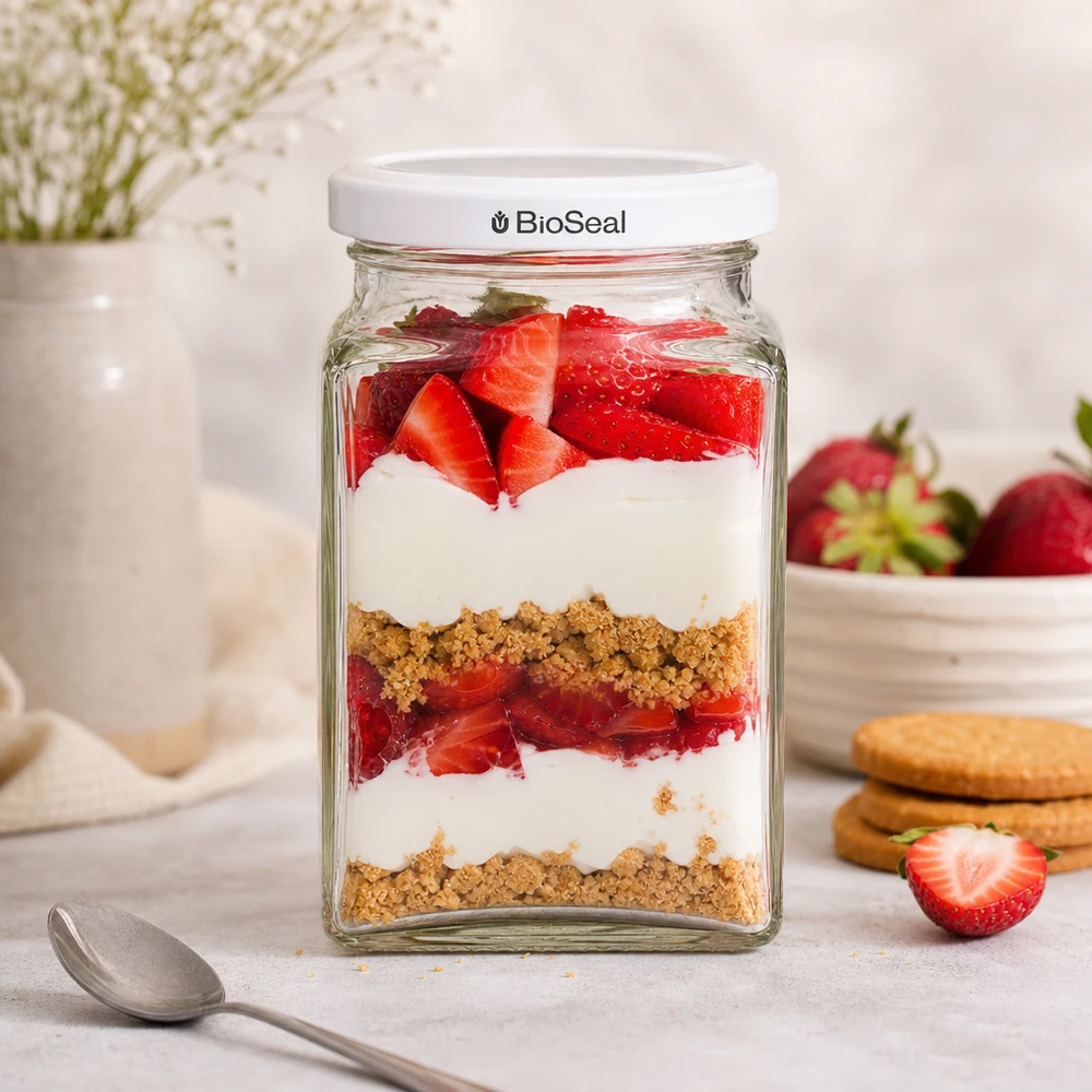 UNiTWIST Tetra260 z białą pokrywką TO58 BioSeal UNiTWIST Tetra260 Dessertglas mit Erdbeeren Joghurt Kekskrümeln geschichtet weißer TO58 BioSeal Deckel Nachtisch