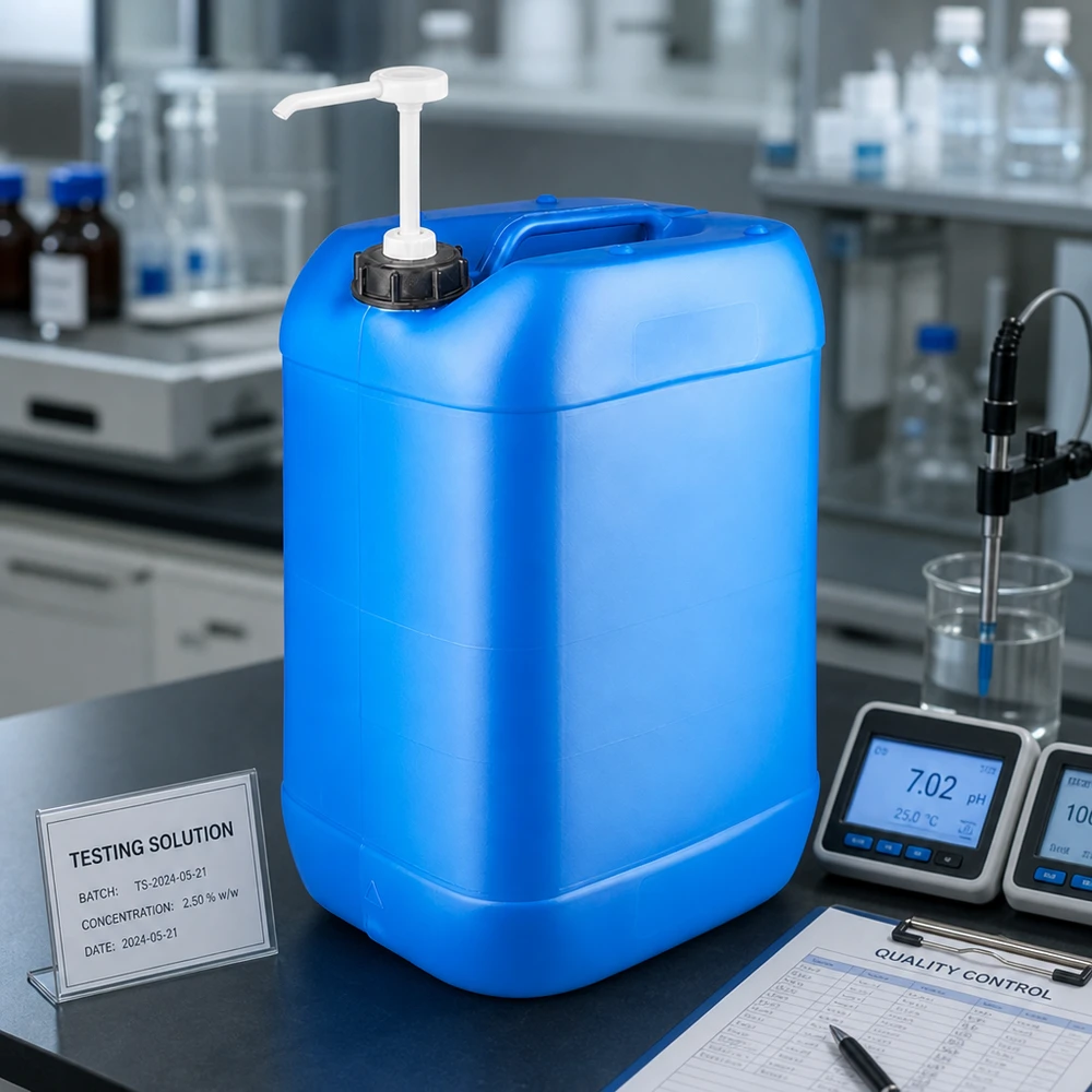 Niebieski kanister o pojemności 25 litrów z pompą dozującą obok miernika pH na czarnym blacie laboratoryjnym