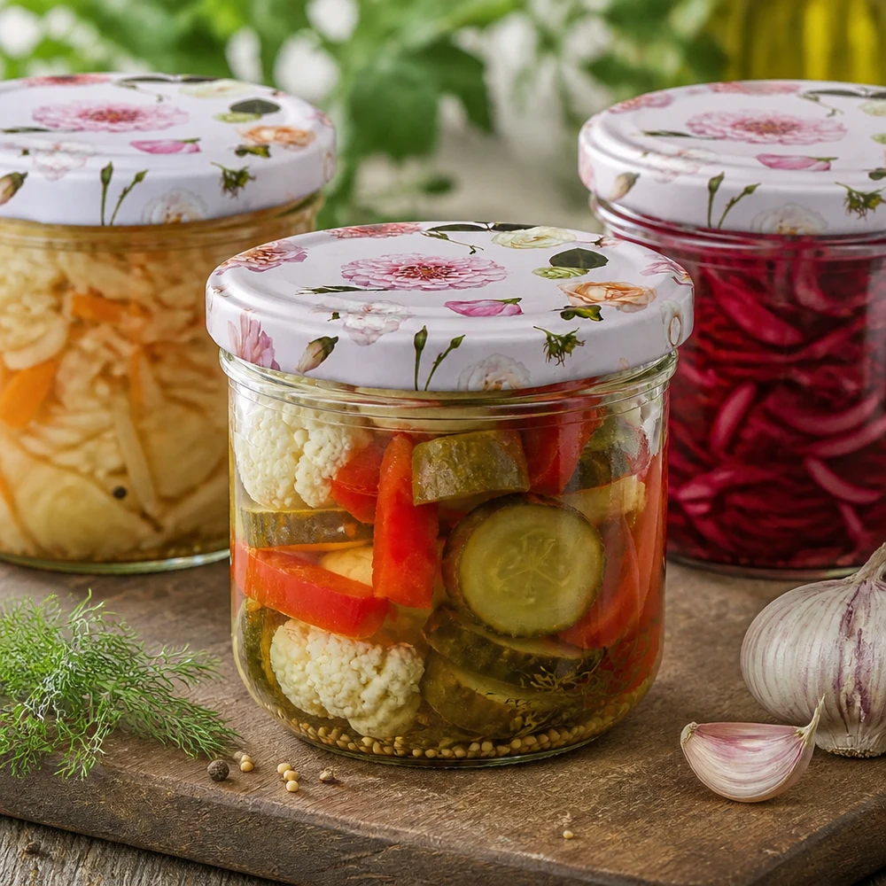 Kiszone warzywa w kubkach o pojemności 260 ml z pokrywkami w różowe kwiaty - słoik do przechowywania kiszonej żywności i przetworów