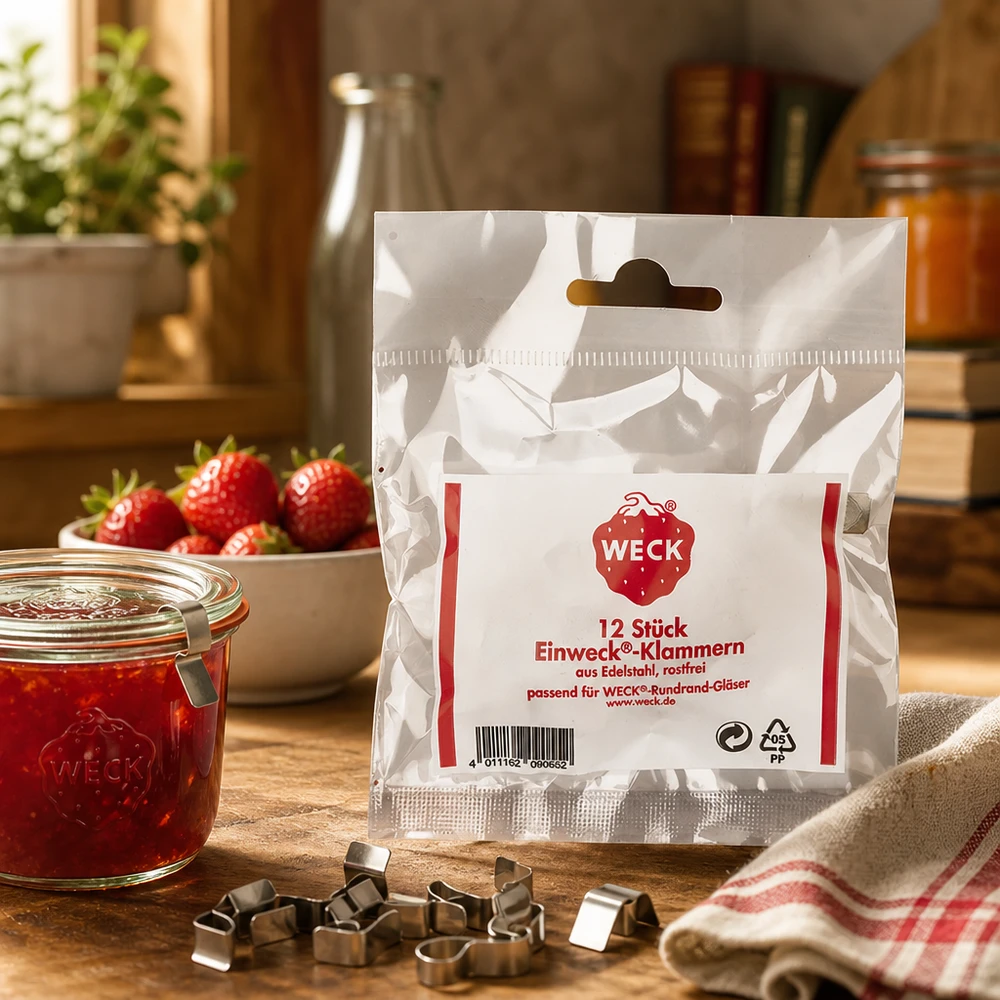 Zaciski Original WECK (opakowanie zawierające 12 sztuk)Uwaga: 12 sztuk w opakowaniu WECK Oryginalny zestaw klipsów 12 elementów na drewnianym stole ze słoikiem na dżem truskawkowy kuchenna scenka lifestylowa
