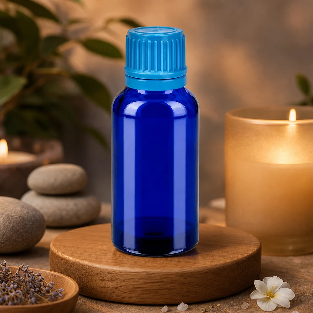 Butelka 30 ml 11 mm SV niebieska OV BlueLine UT18/30 Mała butelka aptekarska o pojemności 30 ml wykonana z niebieskiego szkła, idealna do kosmetyków DIY i produktów naturalnych.