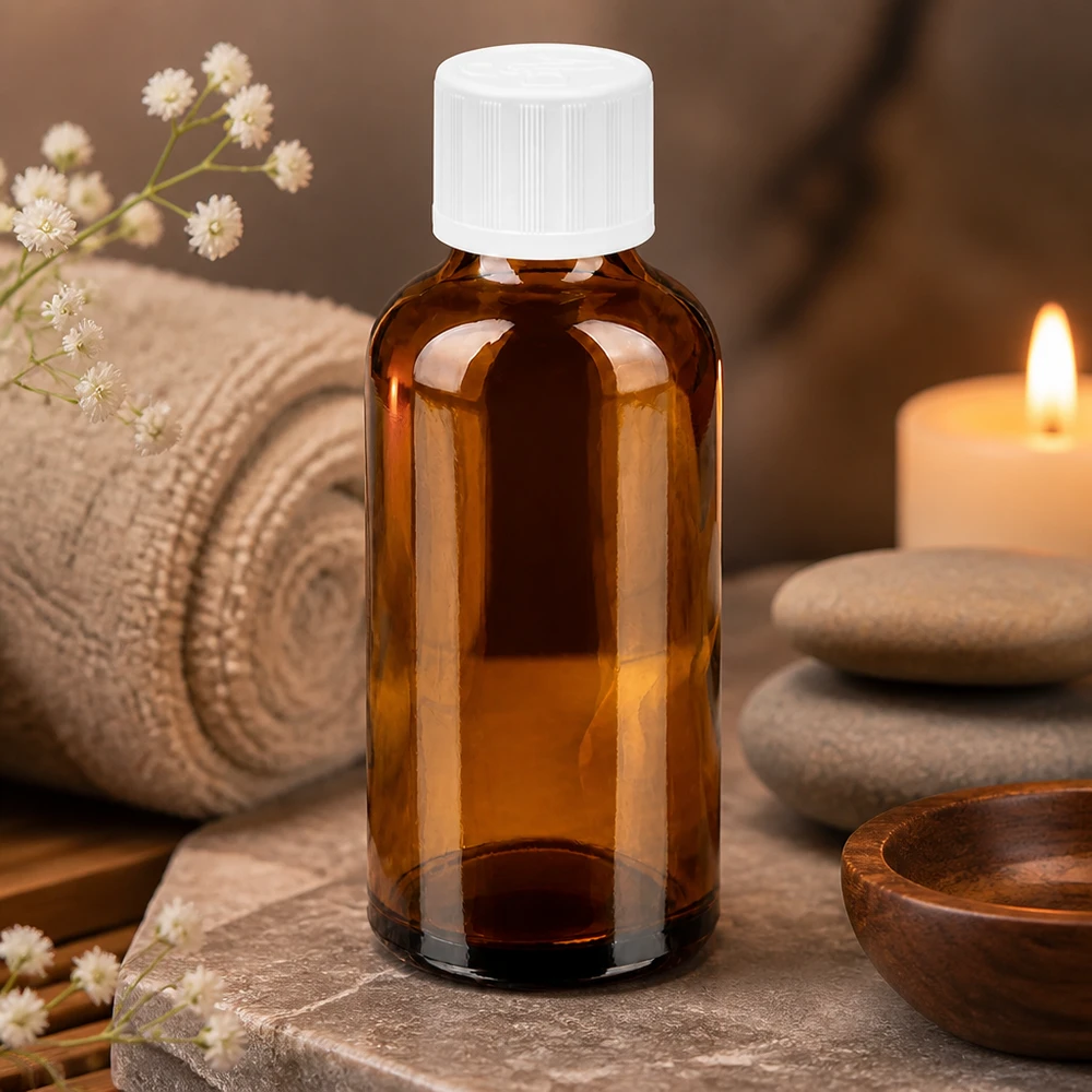 50 ml szklana butelka chroniąca przed promieniowaniem UV w odcieniach brązu z białą zakrętką do substancji wrażliwych na światło