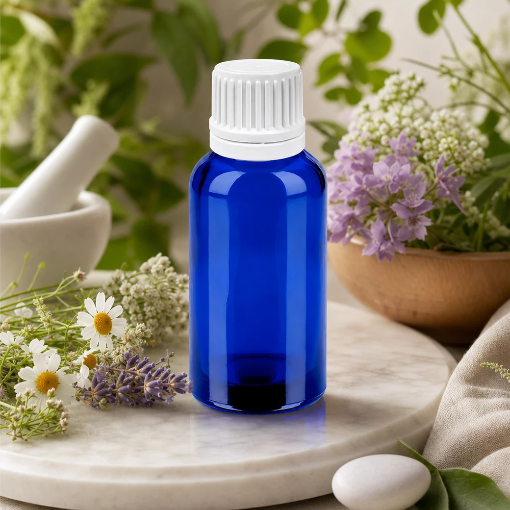 Butelka z kroplomierzem 30 ml 0,7 mm biała OV BlueLine UT18/30 Mała butelka farmaceutyczna 30 ml w kolorze niebieskim z zakraplaczem 0,7 mm do naturalnych środków leczniczych