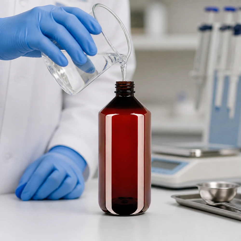 Duża butelka PET o pojemności 1000 ml, o wyglądzie przypominającym brązowe szkło, z zamknięciem zabezpieczającym przed dziećmi i gwarantującym nienaruszalność opakowania