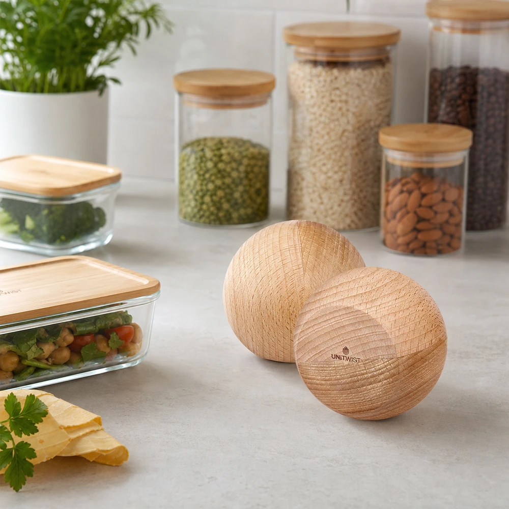 Drewniana kula UNiTWIST (buk) do WECK RR80 UNiTWIST Holzkugeln aus Buche im Küchenambiente - nachhaltige Aufbewahrung mit WECK Gläsern und Vorratsdosen