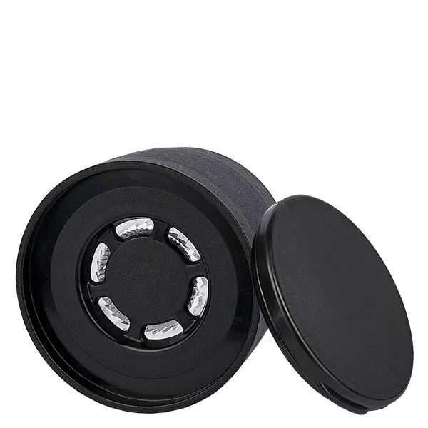 Pokrywka słoika na sól/przyprawy z młynkiem Vario czarna - Akrylowy młynek do mielenia od grubego do drobnego, 6-otworowy shaker ø8 mm. Gwint 41 mm. Pokrywka wciskana.
