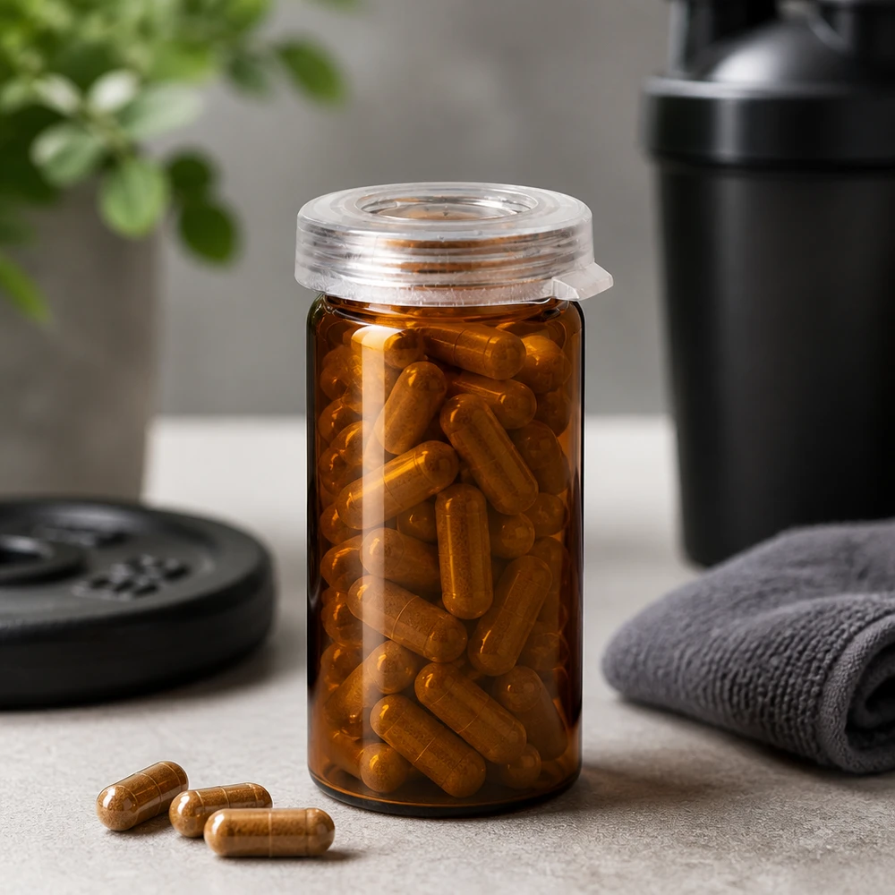 Szklanka z falistym brzegiem w kolorze bursztynowym o pojemności 5 ml ze złocistobrązowymi kapsułkami fitness obok krążka do hantli i butelki do koktajli