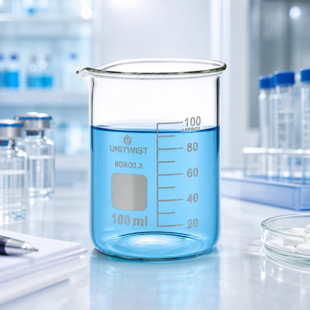 Zlewka 100 ml borokrzemianowa, niski kształt UNiTWIST Szklana zlewka miarowa 100 ml UNiTWIST Boro 3.3 z wylewką, o niskim profilu