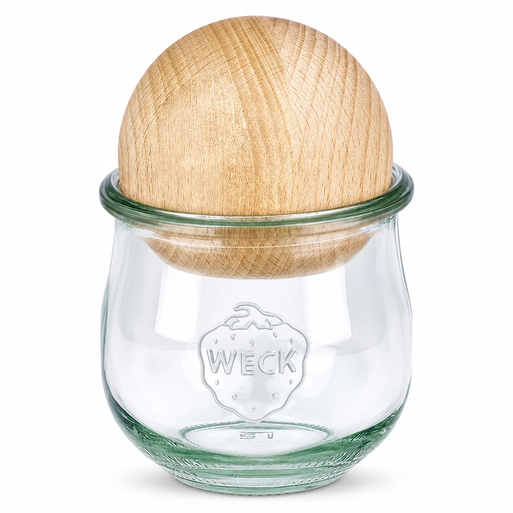370ml słoik tulipan WECK RR80 z drewnianą kulką buk WECK słoik na tulipany RR80 370ml z pokrywką z drewna bukowego, słoik na przetwory z drewnianą pokrywką wykonaną z drewna bukowego, zrównoważone przechowywanie