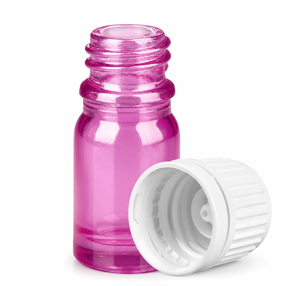 Butelka 5 ml z zakrętką 11 mm w kolorze białym Oryginalna zakrętka PurpleLine UT18/5 Mała fioletowa szklana butelka 5 ml z otwartą białą nakrętką do aromaterapii i kosmetyków
