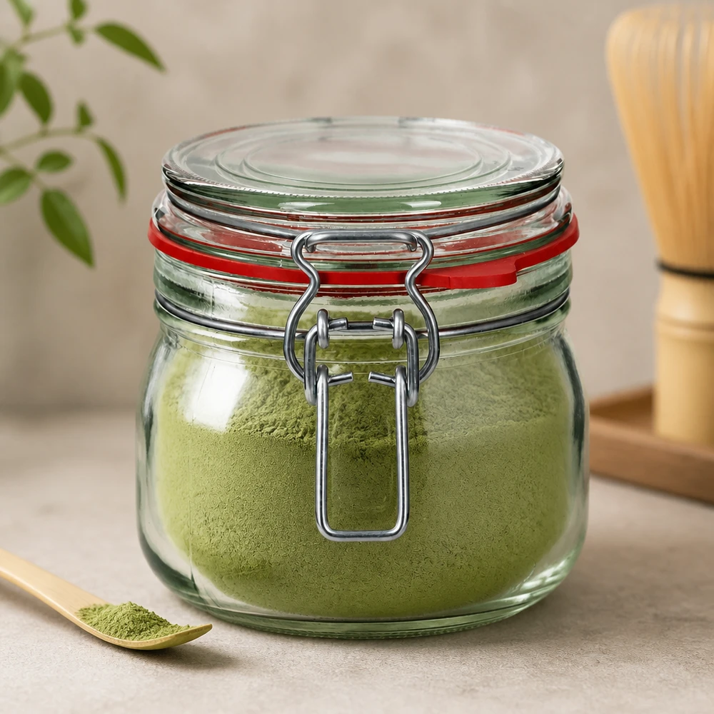 Słoik typu swing top o pojemności 634 ml wypełniony zielonym proszkiem matcha zapewniającym optymalną świeżość.