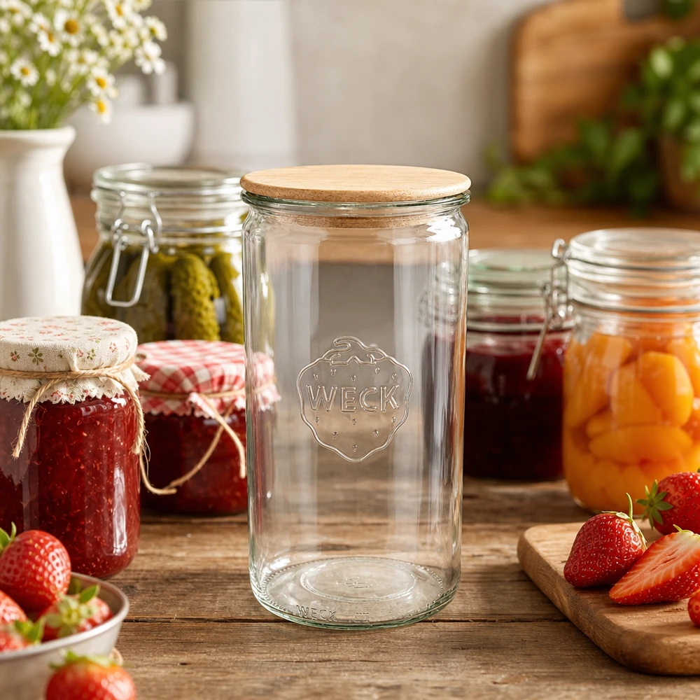 Słoik cylindryczny WECK RR100 o pojemności 1590 ml z drewnianą pokrywką Słoik na przetwory WECK 1590ml RR100 w kuchennej scenerii z marmoladą, dżemem i świeżymi truskawkami na drewnianym stole