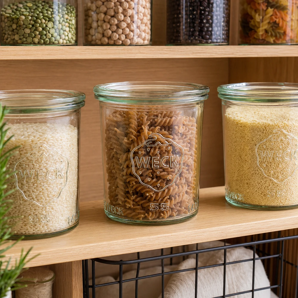 Słoik WECK 140 ml z pokrywką szklaną RR60 | Najwyższa jakość WECK Gläser 140ml RR60 gefüllt mit Reis Nudeln Couscous in Vorratsregal Pantry Organisation Küchenschrank