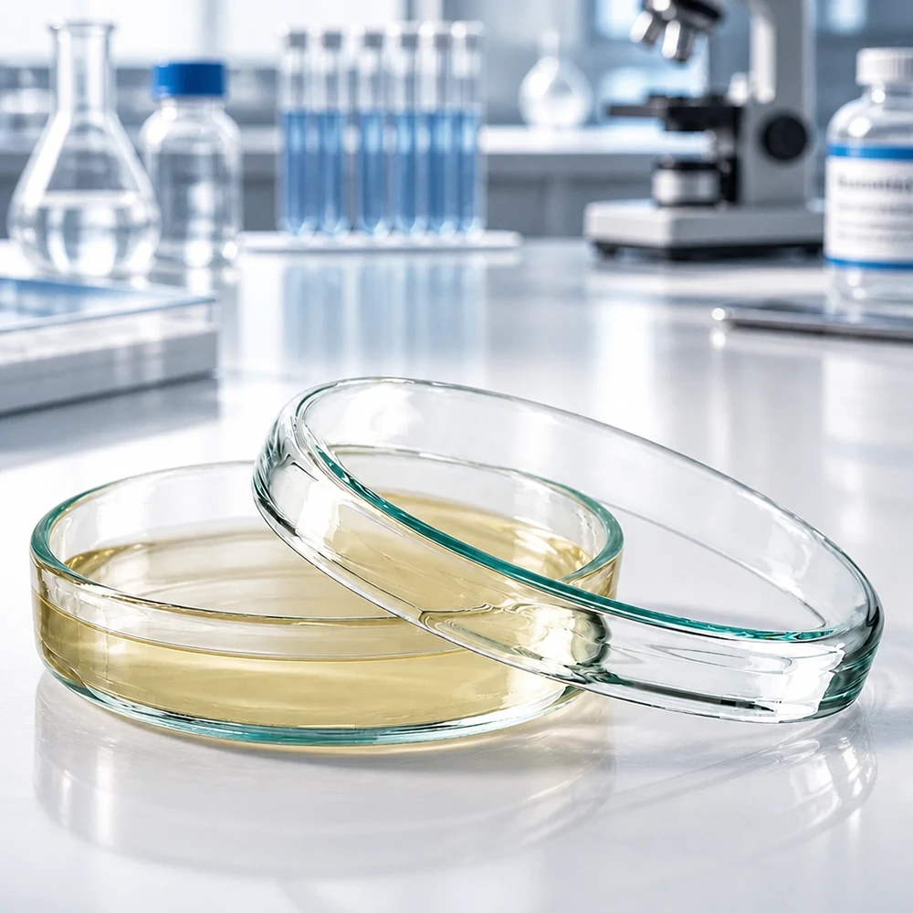Szklana szalka Petriego o wymiarach 70 x 15 mm z jasnożółtą pożywką i nałożoną pokrywką w laboratorium naukowym