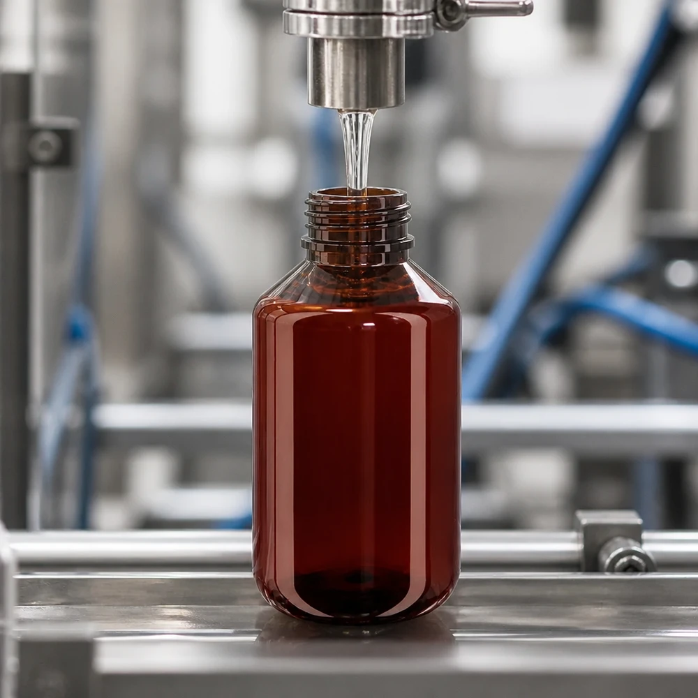 100ml Rundflasche aus braunem PET auf Förderband einer modernen Abfüllanlage