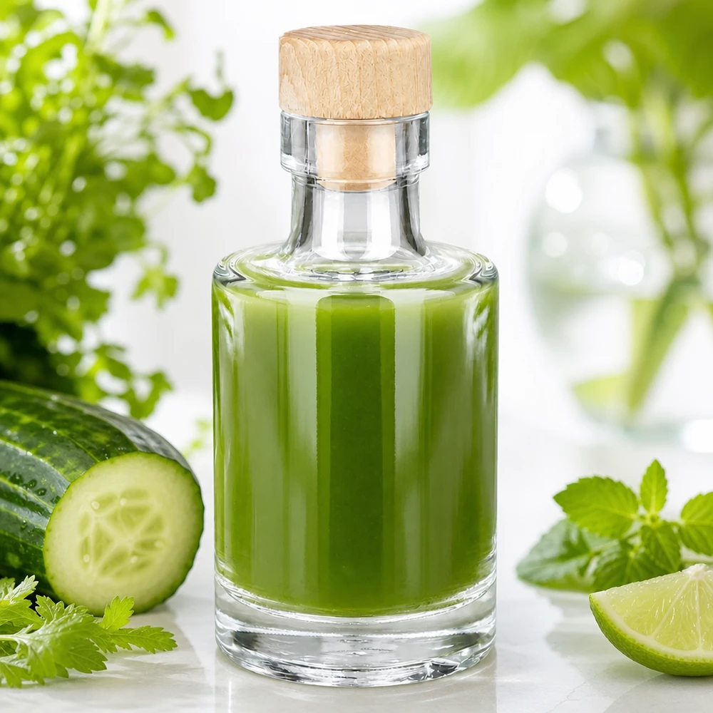 100 ml szklana butelka Marie z drewnianym korkiem wypełniona zielonym koktajlem obok ogórka, limonki i świeżych ziół.