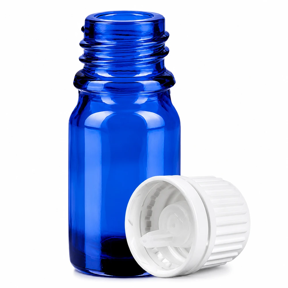 Niebieska szklana butelka 5 ml z zakraplaczem 0,7 mm do olejków eterycznych i nalewek