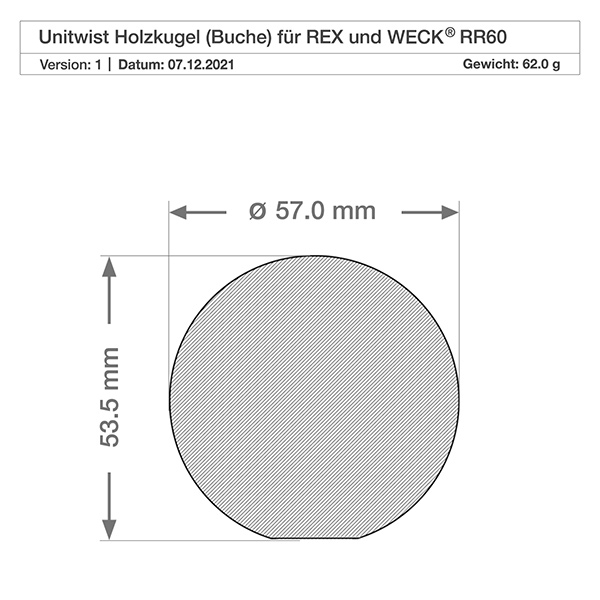 220ml słoik tulipan WECK RR60 z drewnianą kulką buk Rysunek techniczny pokrywka z drewna bukowego WECK RR60 600ml wymiary słoika 57mm średnica 63,5mm wysokość waga 62g