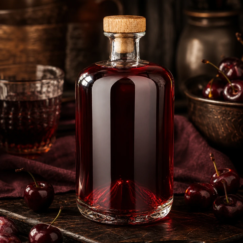 Butelka apteczna 700 ml Sofia z drewnianym korkiem UNiTWIST® Elegante 700ml Glasflasche Sofia mit Holzkorken gefüllt mit rotem Kirschlikör auf rustikalem Holztisch mit Kirschen