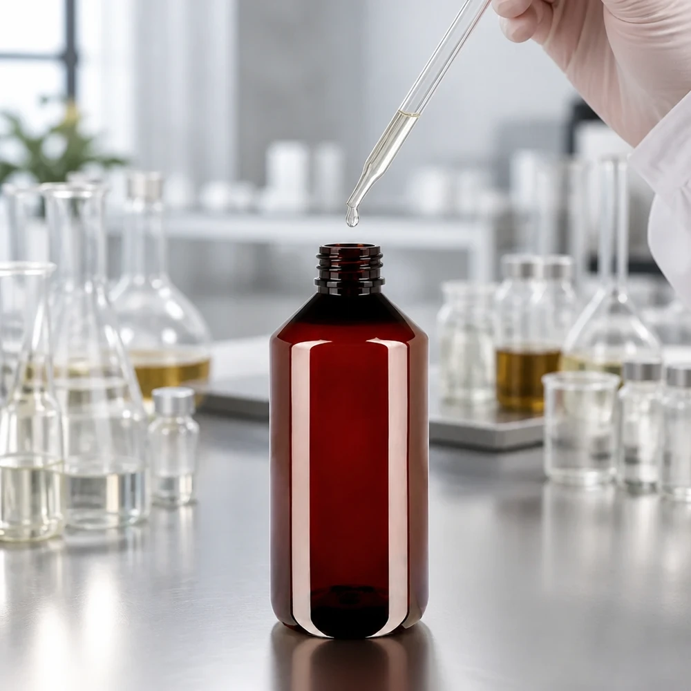 Pipeta kroplowa napełnia brązową butelkę PET o pojemności 1000 ml z zamknięciem typu OV w warunkach laboratoryjnych