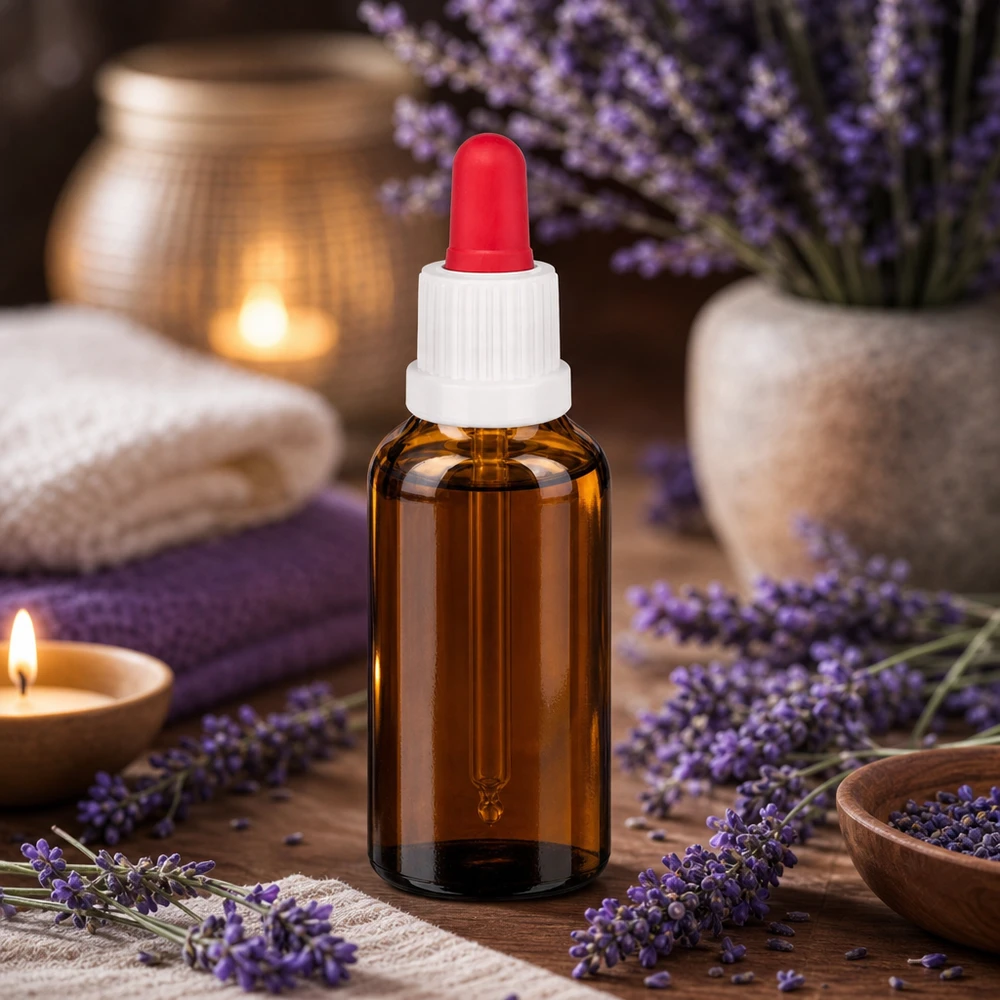 30 ml butelka z pipetą, biała/czerwona OV BrownLine UT18/30 Mała szklana butelka o pojemności 30 ml z czerwoną końcówką pipety do aromaterapii i pielęgnacji skóry