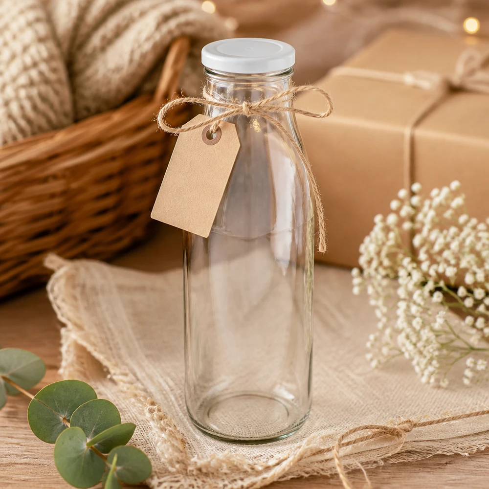 Butelka szklana 500 ml + pokrywka BasicSeal biała UNiTWIST. Całkowicie szczelna z dużą pokrywką TO48. Do mleka, soków i lemoniady. 500 ml szklana butelka z białą pokrywką ozdobiona sznurkiem jutowym i zawieszką w stylu rustykalnym