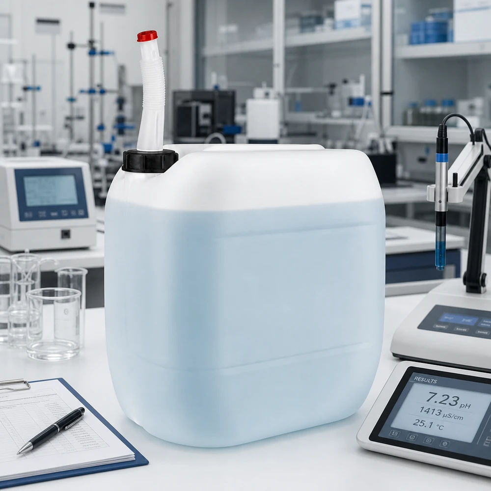 Kanister z HDPE o pojemności 30 litrów z elastyczną rurką wylotową i czerwonym zamknięciem zabezpieczającym w laboratorium