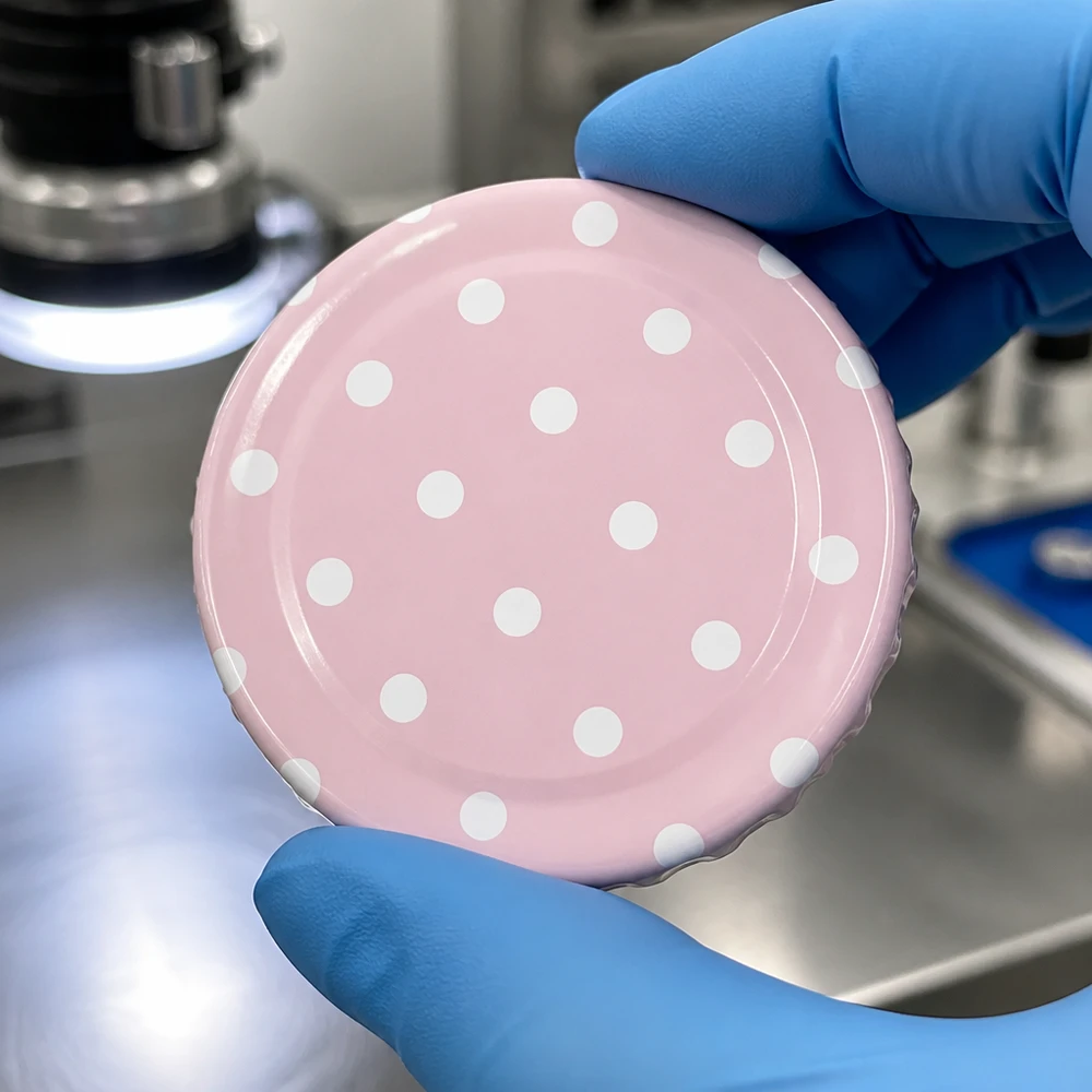 58mm BasicSeal Deckel Punkte rosa matt (TO58) UNiTWIST Błyszcząca metalowa nakładka 58 mm z różowymi kropkami BasicSeal TO58 w rękawiczkach laboratoryjnych do kontroli jakości