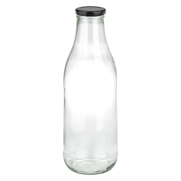 Butelka szklana 1000 ml + pokrywka BasicSeal czarna UNiTWIST. Ca&#322;kowicie szczelna z du&#380;&#261; pokrywk&#261; TO48. Do mleka, sok&#243;w i lemoniady.