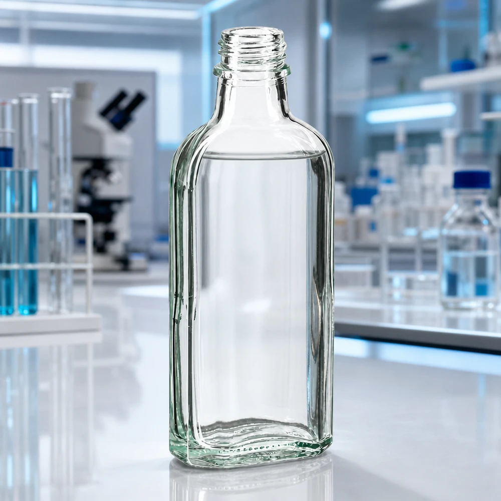 Butelka Meplat 100 ml przezroczysta DIN22 Płaska, przezroczysta szklana butelka typu Meplat o pojemności 100 ml z gwintem DIN22, przeznaczona do zastosowań farmaceutycznych