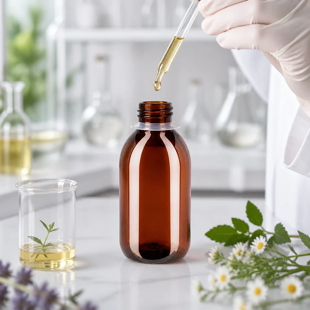 Butelka PET 250ml z białą nakrętką OV + kubek Braune PET Kunststoffflasche 250ml mit Becher für pharmazeutische und kosmetische Anwendungen