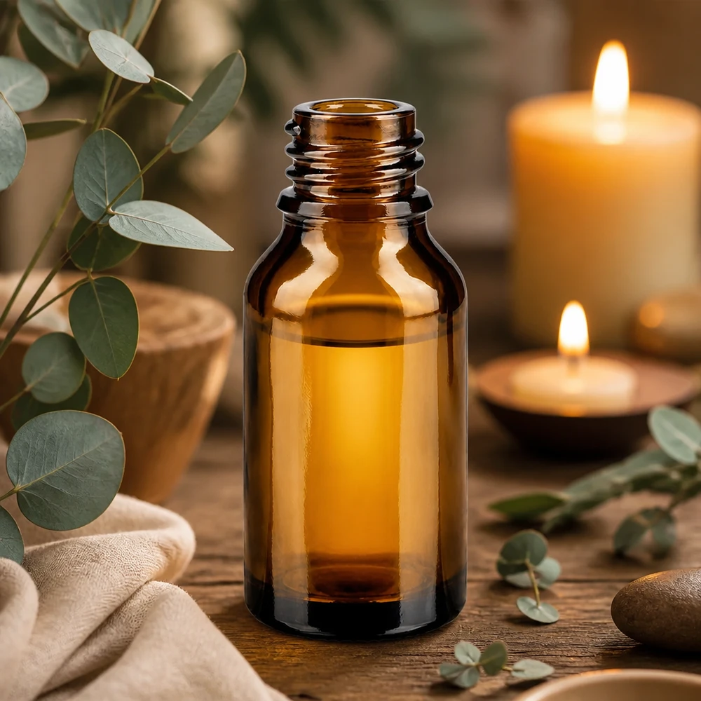 15 ml brązowa szklana butelka ApoGlas pusta na drewnianym stole ze świecami eukaliptusowymi i ręcznikiem Aromaterapia atmosfera