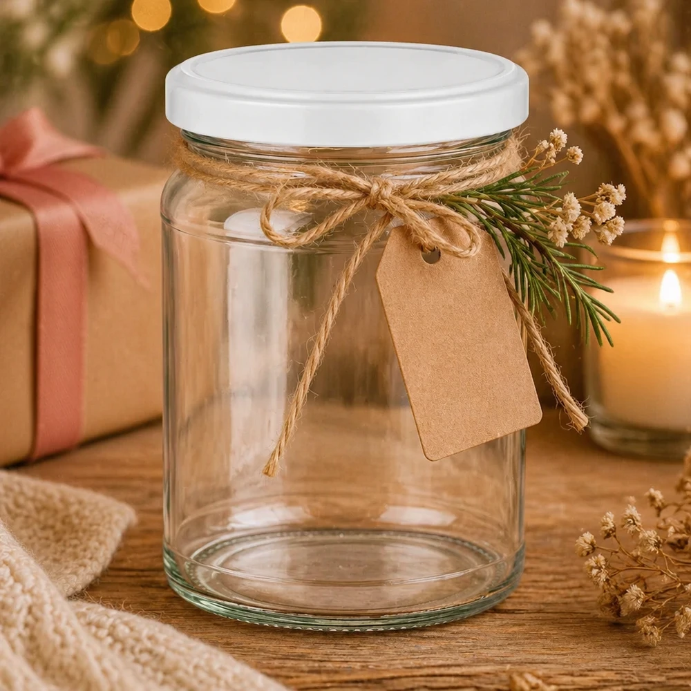 205 ml okrągły słoik z białym wieczkiem BasicSeal UNiTWIST 205ml Rundglas mit weißem Deckel als Geschenkverpackung dekoriert mit Juteschnur und Geschenkanhänger